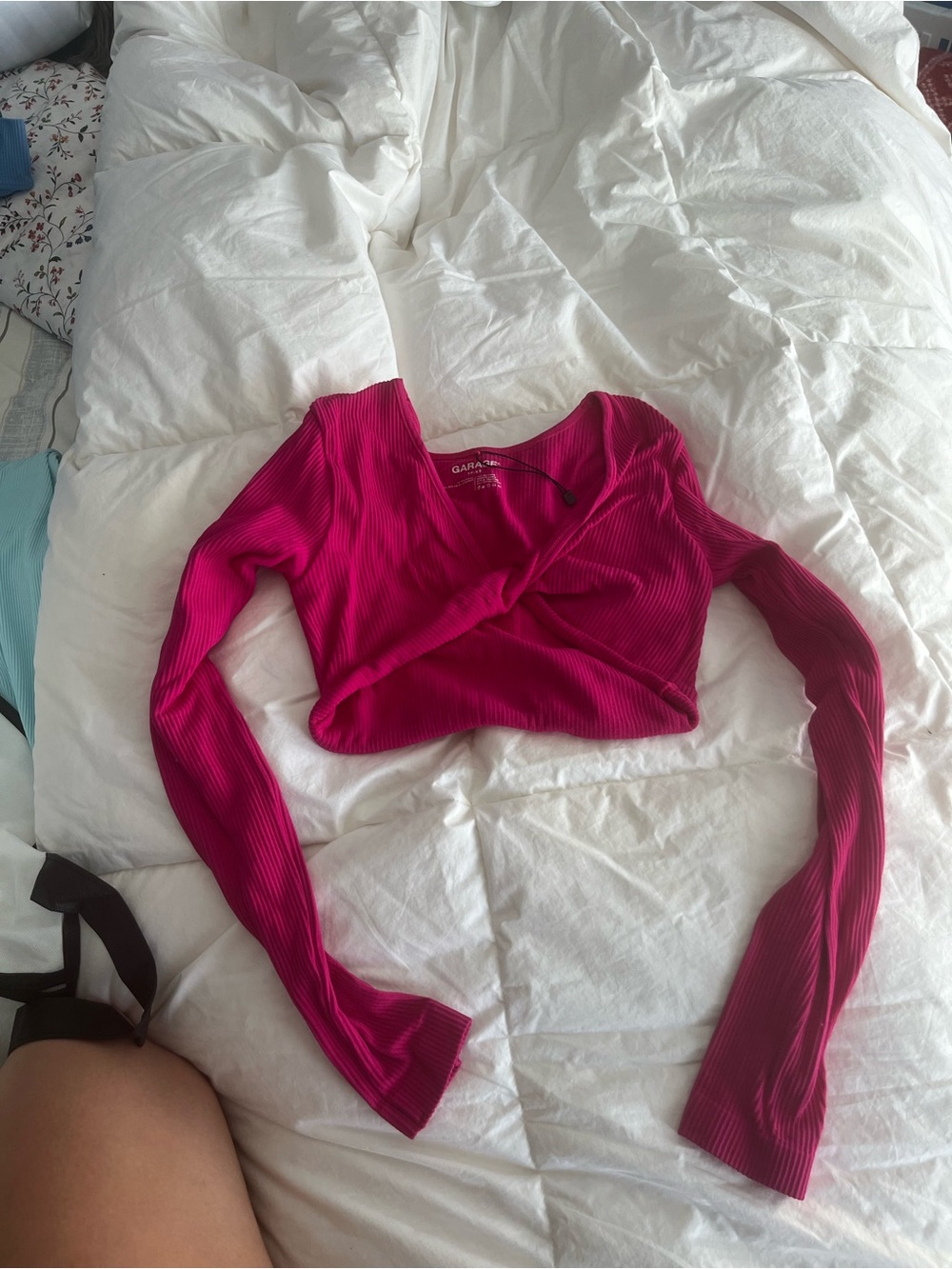 Garage Fuchsia Ribbed Wrap Crop Top - Long Sleeve
